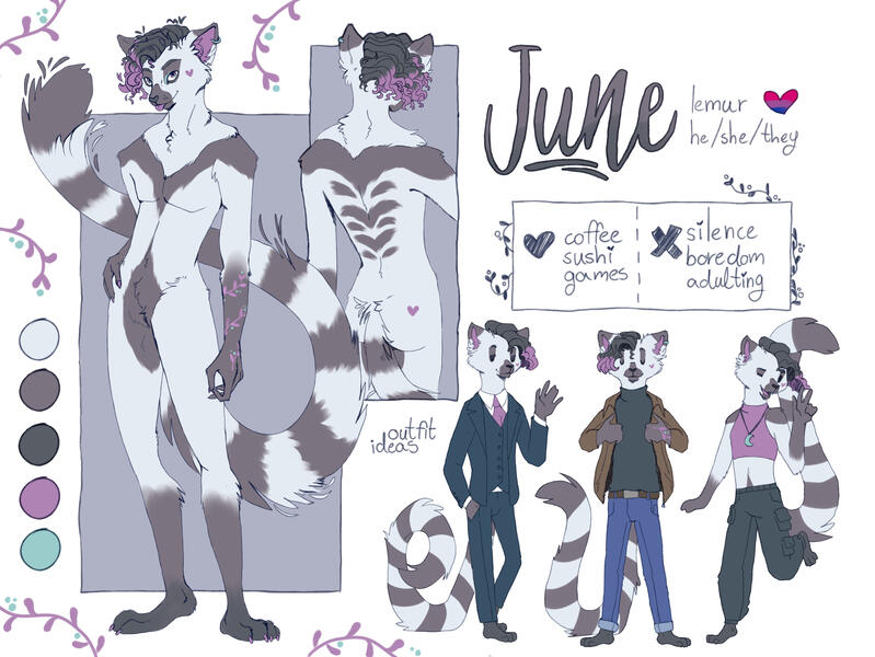 My fursona, June. A genderfluid lemur who likes to play video games, dress in an eye-catching way, and make new friends!